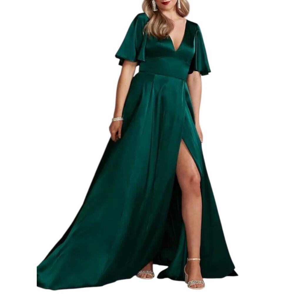 Lina Emerald Green Satin Maxi Dress with V-Neck and High Slit